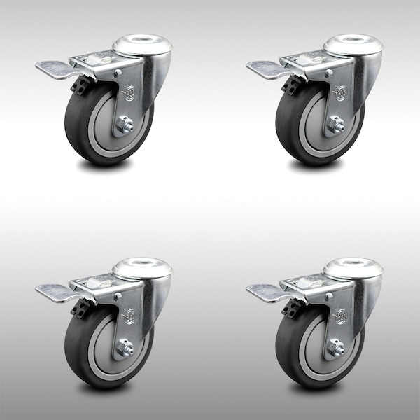 4 Inch SS Thermoplastic Rubber Swivel Bolt Hole Caster Set with Total Lock Brake